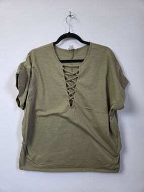 Love Riche Olive Lace-Up V-Neck Short Sleeve Top